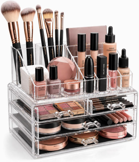 Brookstone Makeup Organizer Countertop, Cosmetic Display Case, Acrylic Makeup Storage for Vanity, Clear Make-up Organizer for Vanity, Accessories Holder with Drawers