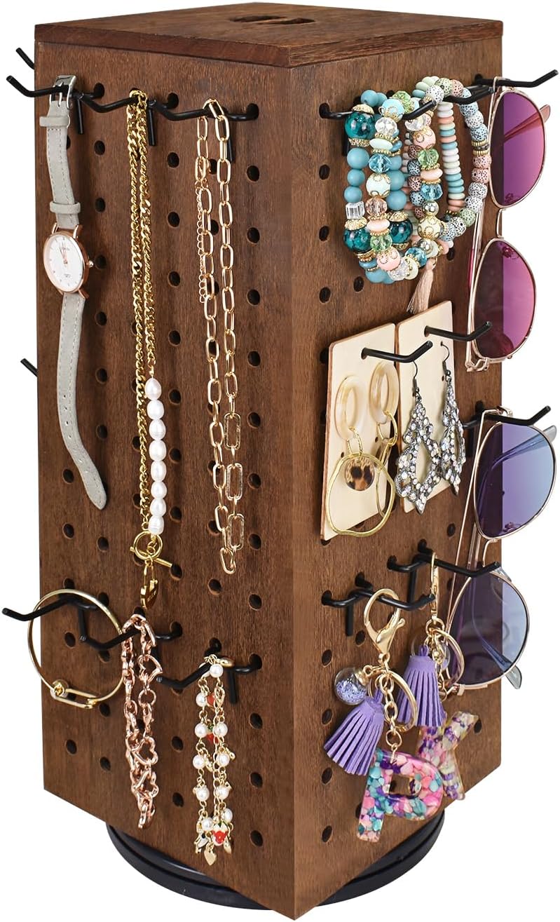 MOOCA Rotating Wooden Jewelry Display with 48 Hooks, Brown