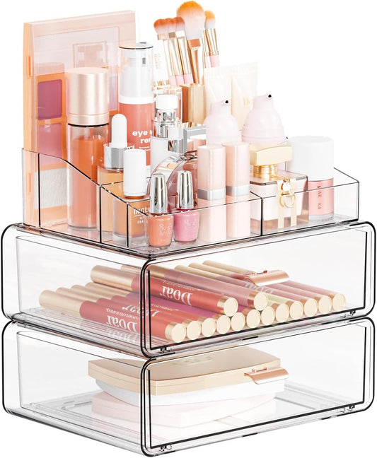 Yieach Clear Acrylic Makeup Organizers Countertop for Dresser,Desk,Bathroom Vanity,3 Tier Stackable Make up Holders and Makeup Cabinet,Tiered Cosmetic Storage and Make up Containers for Palette,Brush