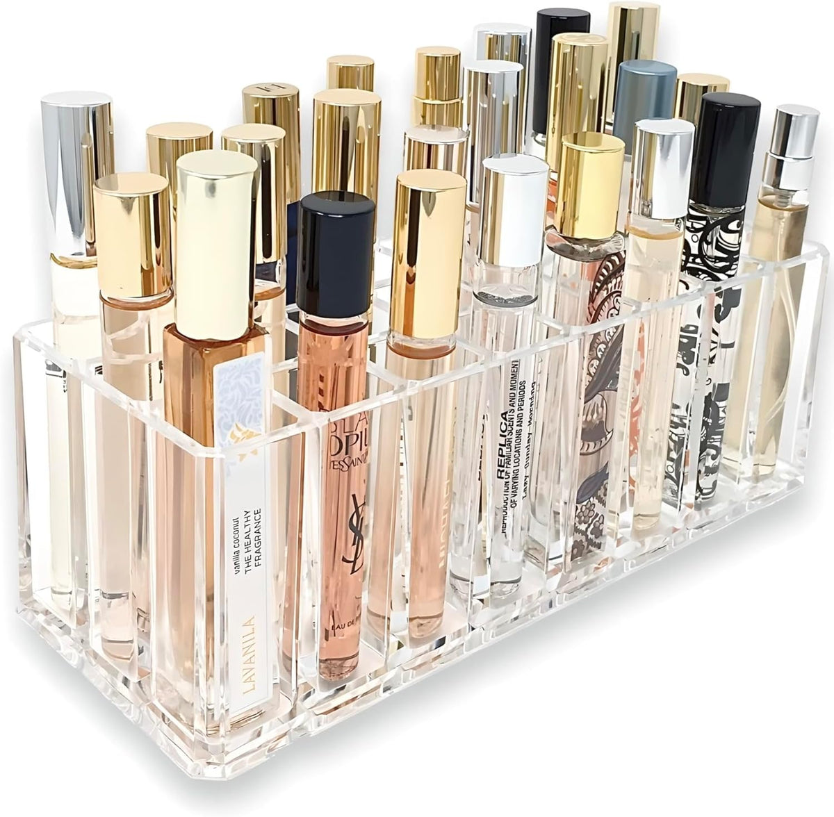 Acrylic Rollerball Perfume Organizer Beauty Scent Holder 24 Space Organization Refillable Container Tall Scented Oil Storage Display Case (2)