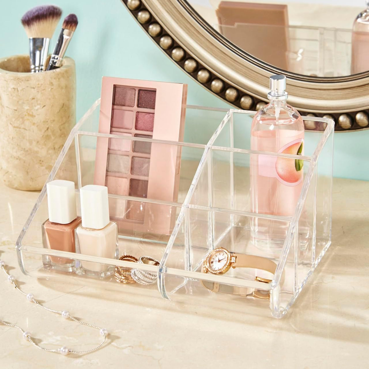 STORi Clear Plastic Vanity Makeup Organizer | 6-Compartment Holder for Brushes, Eyeshadow Palettes, & Beauty Supplies | Curved Front Design | Made in USA