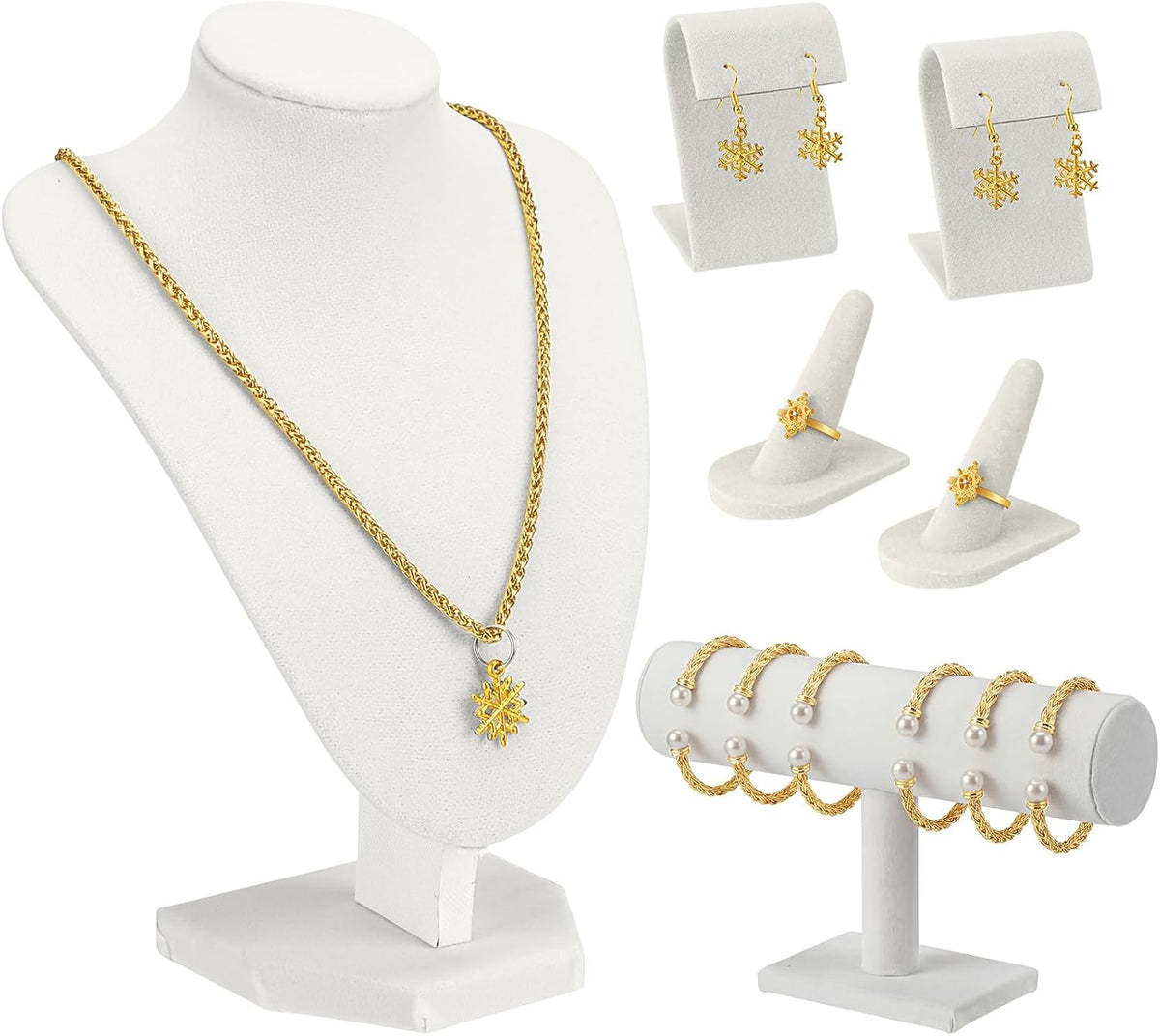 Wenqik Velvet Jewelry Display Set Necklace Mannequin Bust T-Bar Bracelet Holder 2 Earring Stands 2 Ring Holders for Showcase (White)