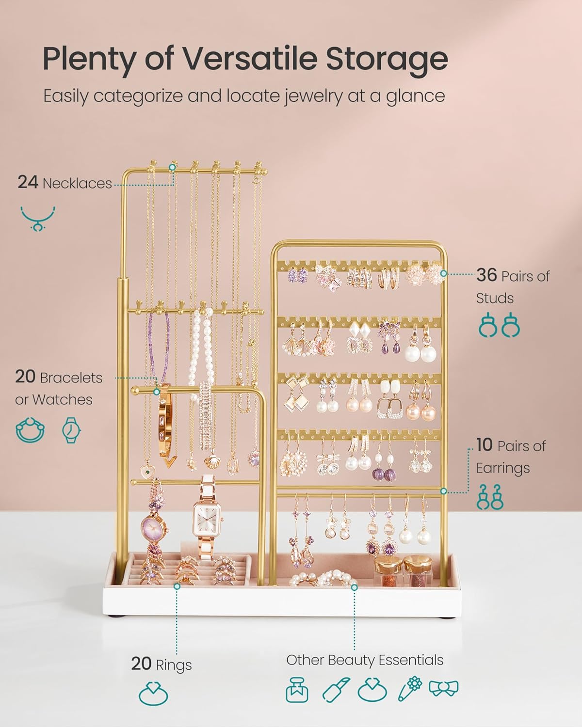 SONGMICS Jewelry Holder, 12.1 to 18.7 Inches Height Adjustable Stand
