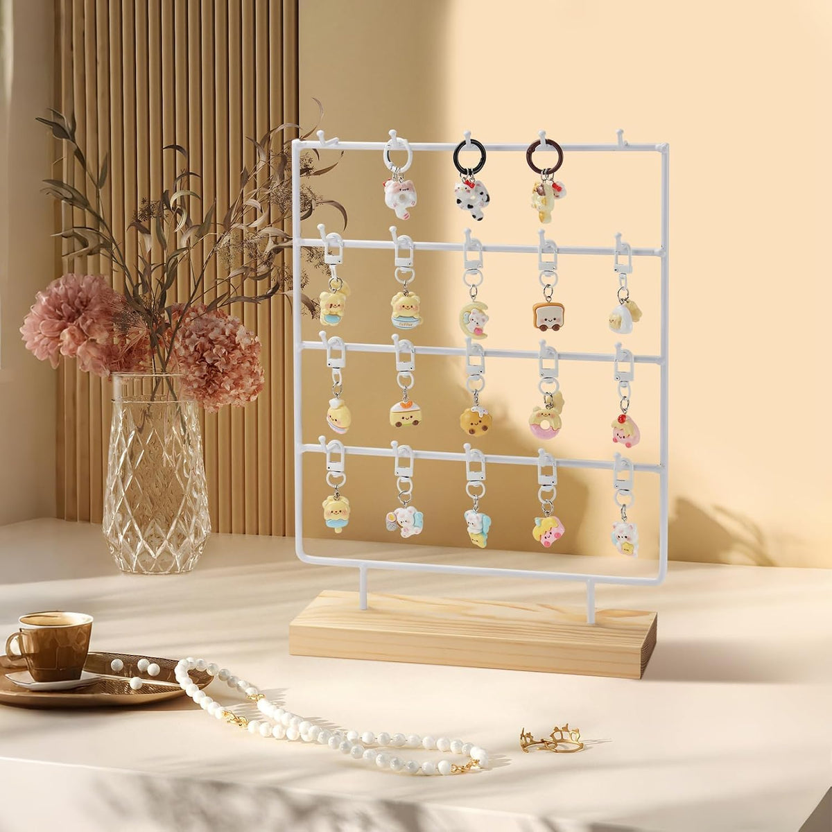 4 Tier and 20 Hooks Wood & Metal White Earrings Holder