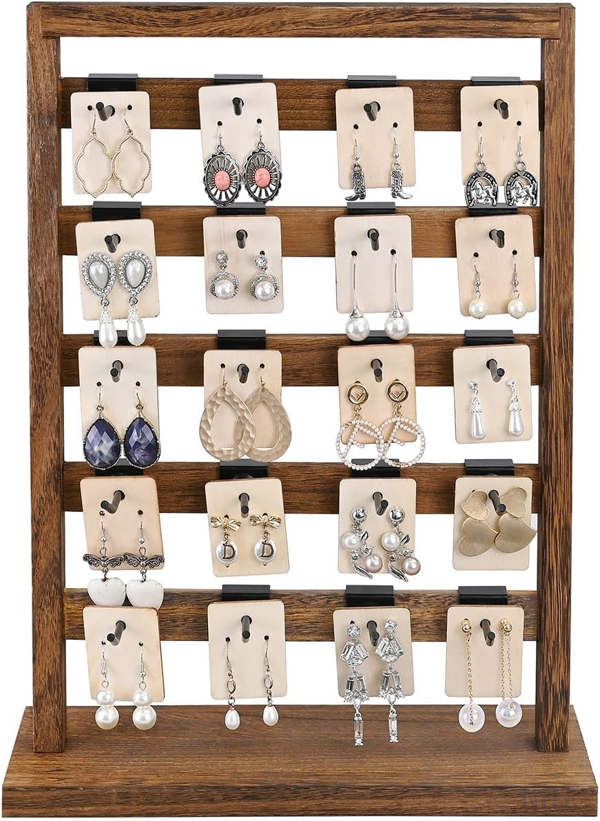 Ikee Design 5 Tiers Free Assemble Wooden Jewelry Display Rack with 20 Removable Metal Hooks,Earring Card Display Stand,Jewelry Organizer,Bracelet Organizer,Keychain Display Stand,Brown Color