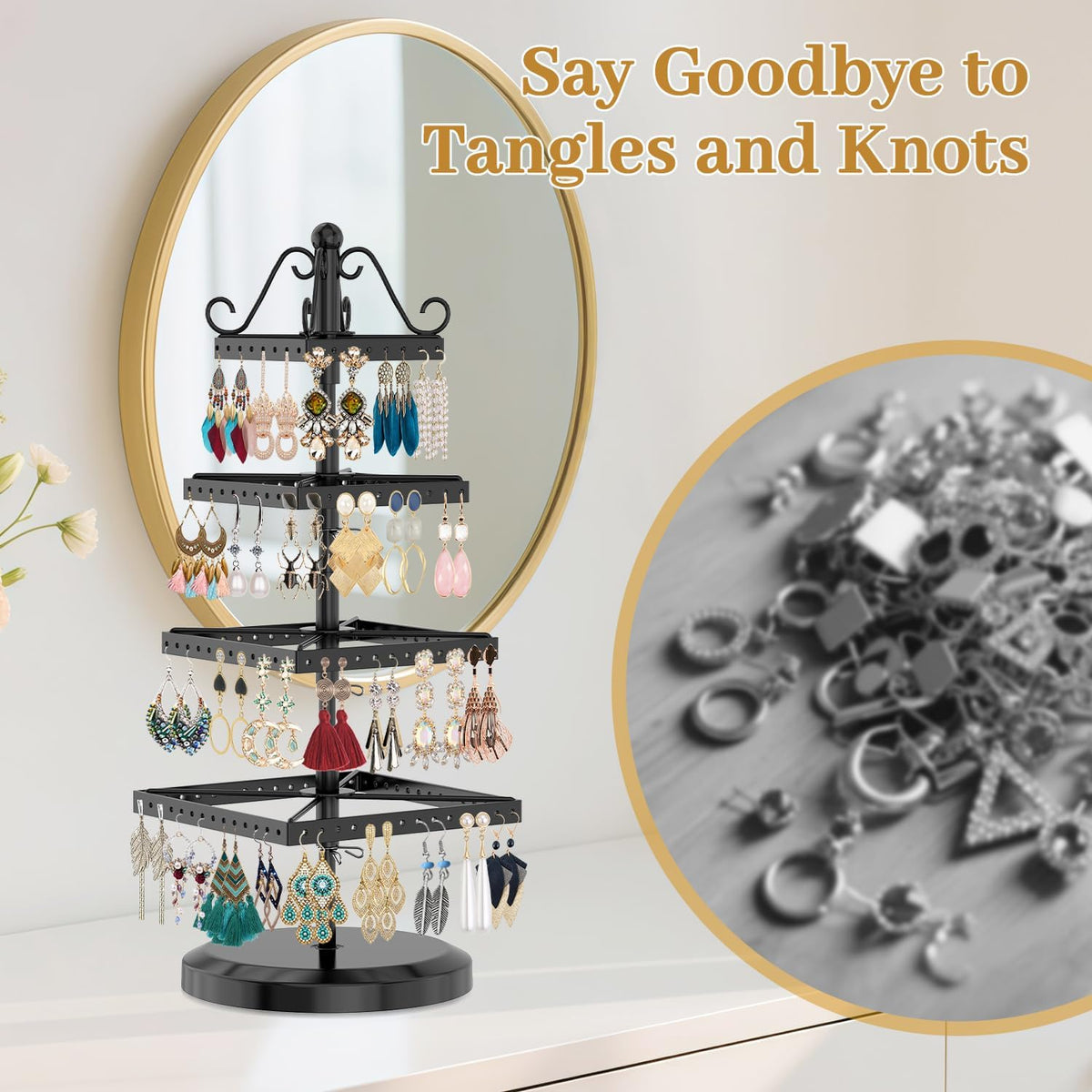 MODOWEY Rotating Earring Holder Organizer Stand Metal Display, 4 Tier Black