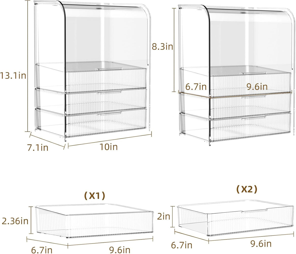 GearFusion 3 Tier Clear Cosmetic Organizer, Makeup Display Case with Lid & Drawers, Countertop Dresser Vanity Storage Box, Beauty Holder for Skincare Lipstick Brush