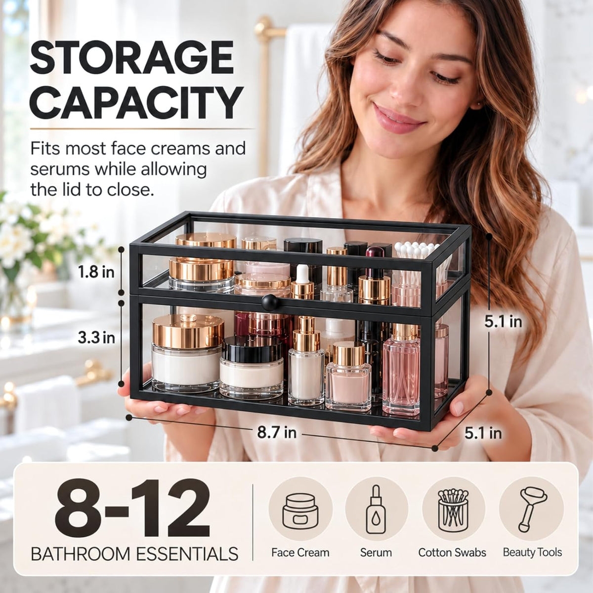 40 Lipsticks Organizer with Lid, Glass Display Box Fits Large Perfume & Skincare, Easy-Access Organiser for Vanity Countertop, Multifunctional Display Box in Any Rooms