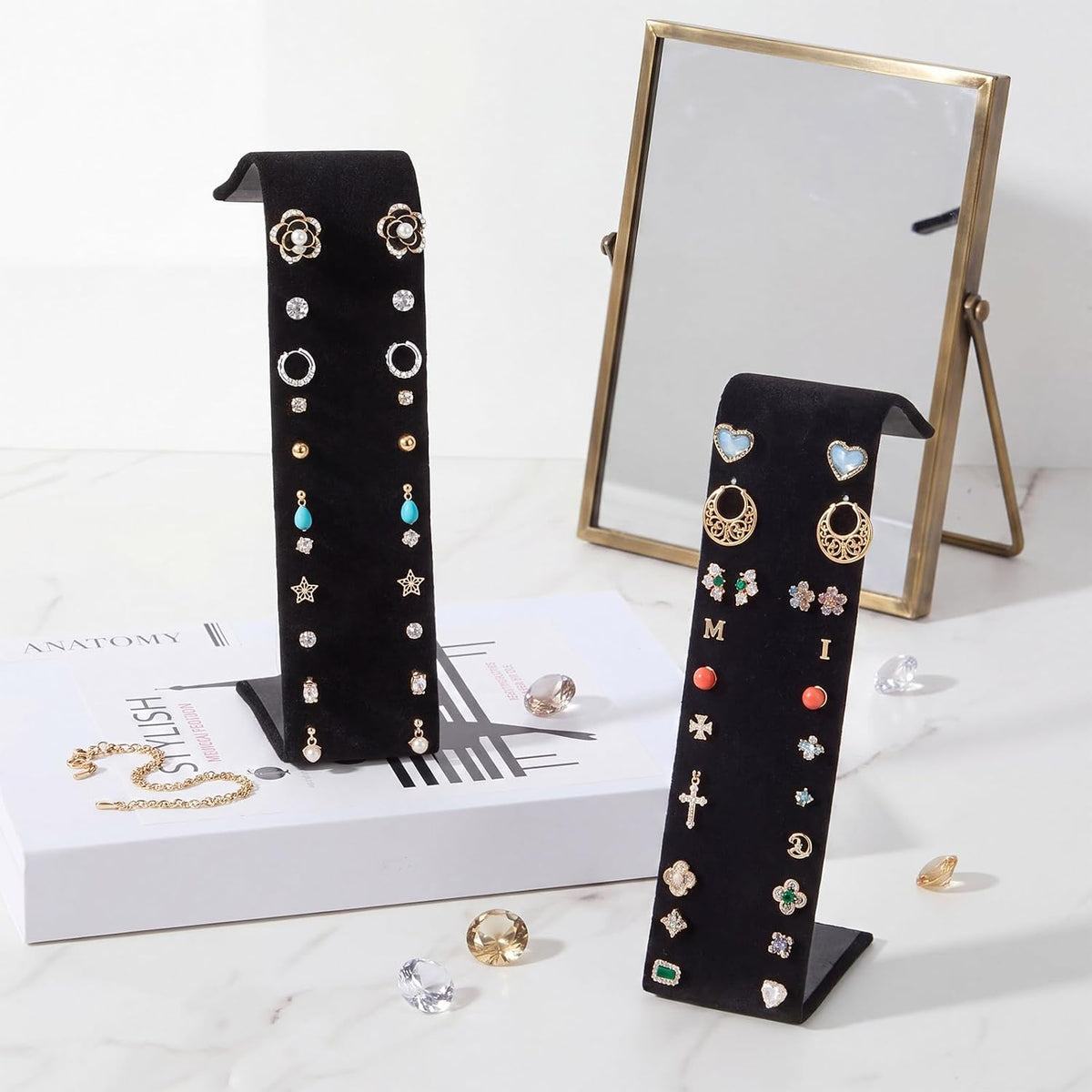 RattanView 4 Pcs Black Velvet Earring Display Stand for 12 Pairs of Earrings 2 W x 2 3/4 D x 7 1/4 H in Velvet Earring Display Holder for Selling Home Retail Store Craft Fair