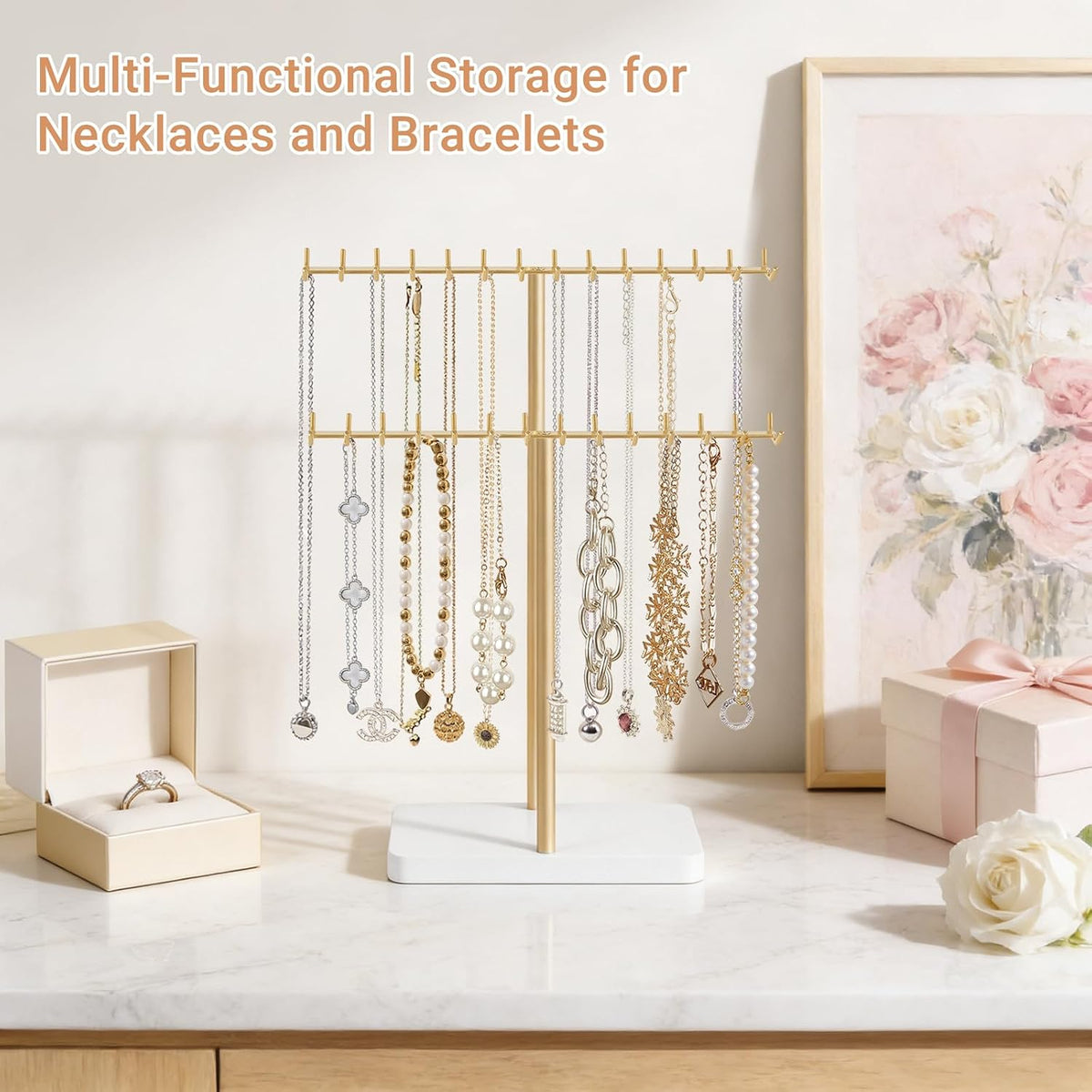 Mkono Necklace Holder Organizer, 2 Tier Gold Jewelry Display Stand Rack