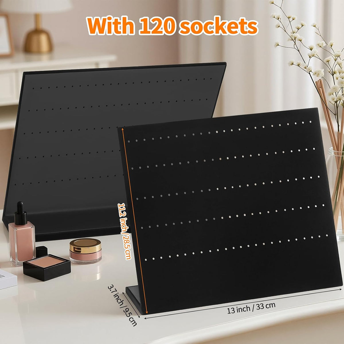 KUKUVR L-Shaped Velvet Earring Display Stand (Black 120 Holes)
