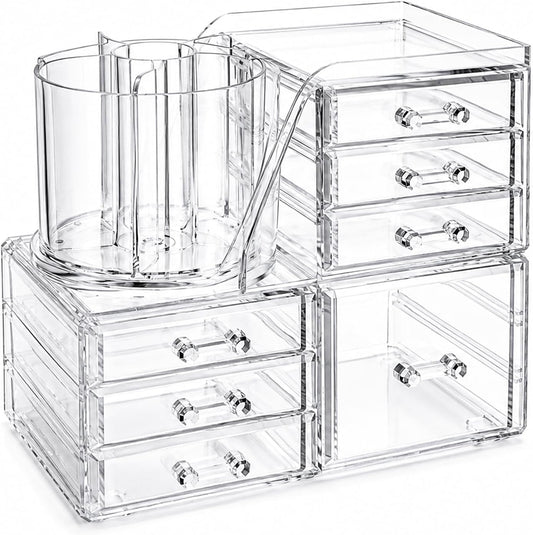 2-Tier Acrylic Makeup Organizer, 360° Rotating Brush Holder & 7 Drawers