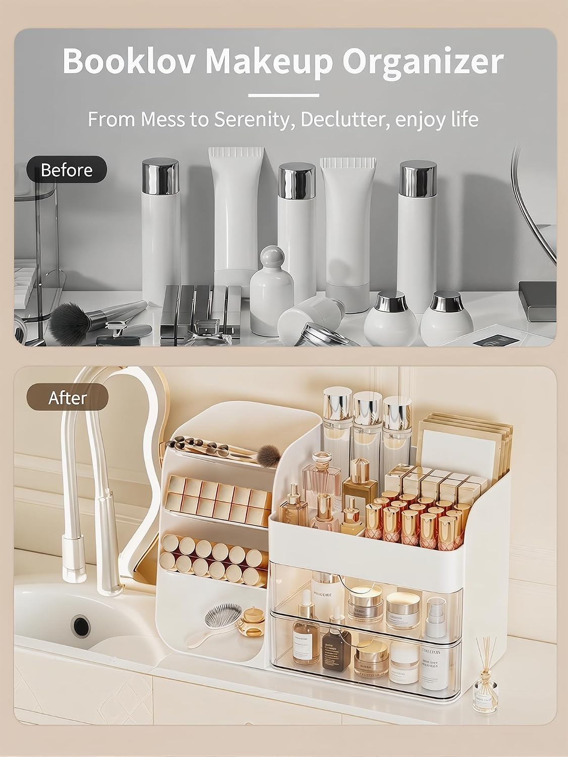 Booklov Small Makeup Organizer for Vanity Countertop, White