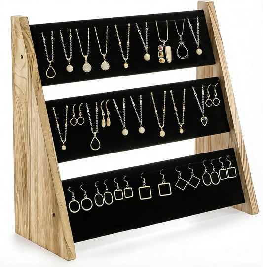 3 Tier Necklace Display Stand, Wood Jewelry Holder with Velvet