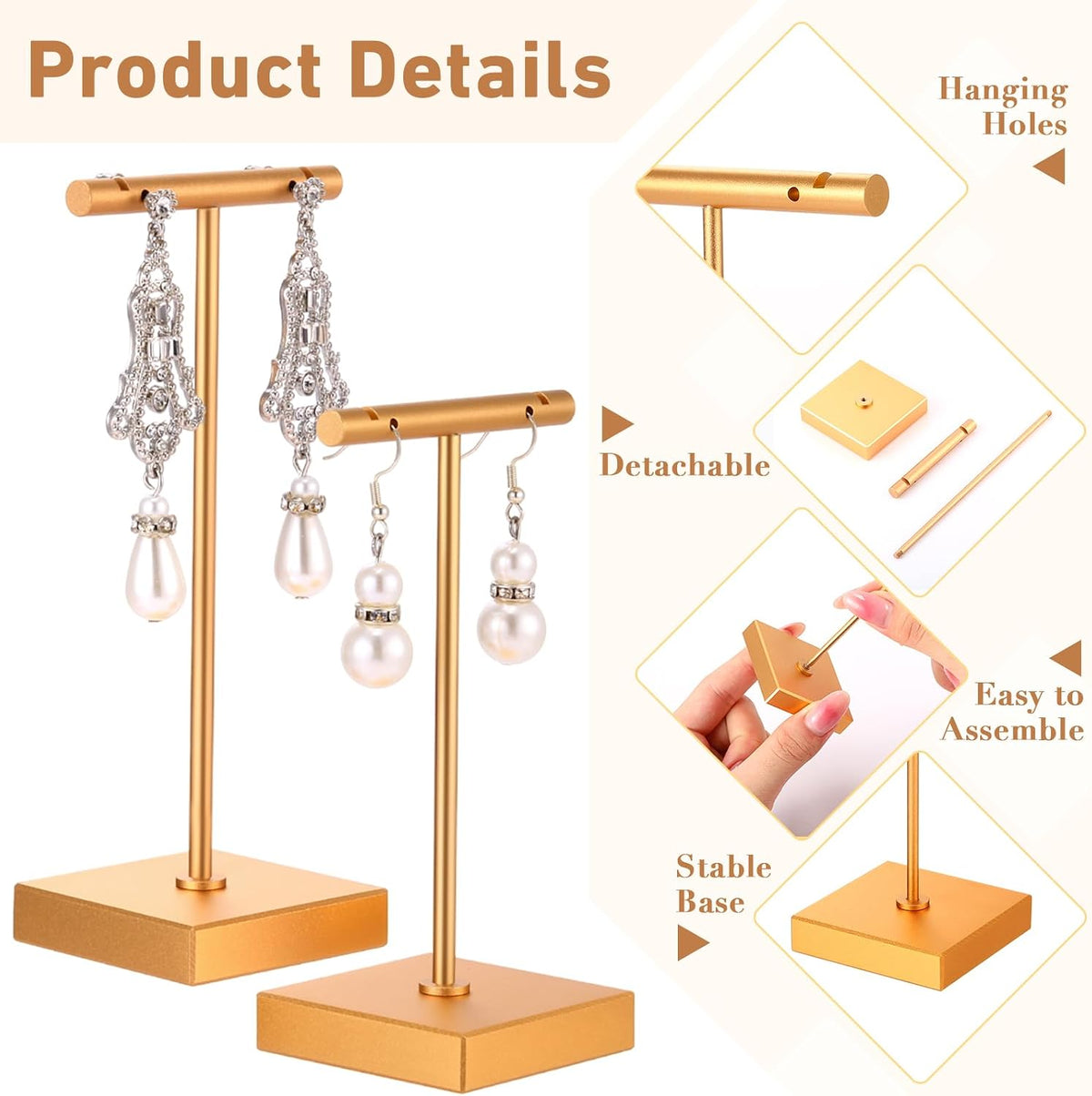 Kigeli 6 Pcs Metal Bar T Earring Display Stand, Gold