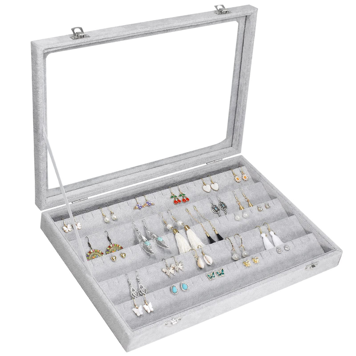 Siveit Earring Organizer Tray Velvet Earring Display Organizer Storage Box Premium 110 Slot 55 Pair Earring Display Organizer with Transparent Glass Cover Suitable for Women and Girls (Black)
