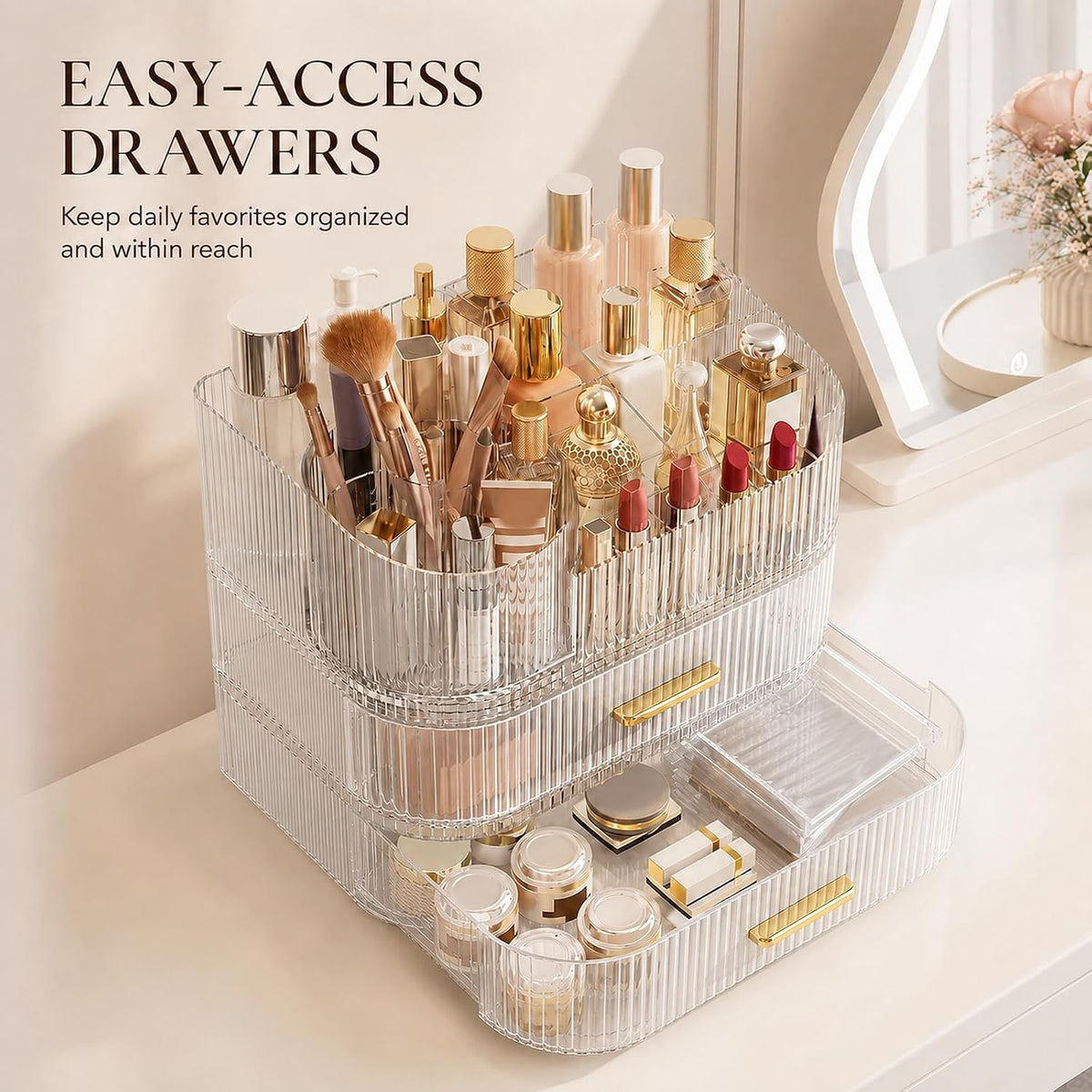 360° Rotating Makeup Organizer with Drawer, Clear Acrylic Cosmetic Storage Display, Stackable Beauty Counter (Clear, Large (Tray + 1 Drawer))