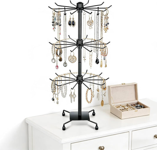 2 Pcs 3-Tier Rotating Jewelry Display Stand, 28.35 inch Tall Floor-Standing Metal Rack with 60 Hooks Total (30 per Stand), Adjustable Tiers, Black - Necklaces, Earrings, Keychains