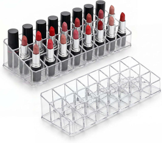 2-Pack 24-Slot Acrylic Makeup Organizer, Large Lipstick Organizer for Vanity, Lip Gloss Holder, Lip Balm Holder, Cosmetic Storage Display for Drawer, Clear
