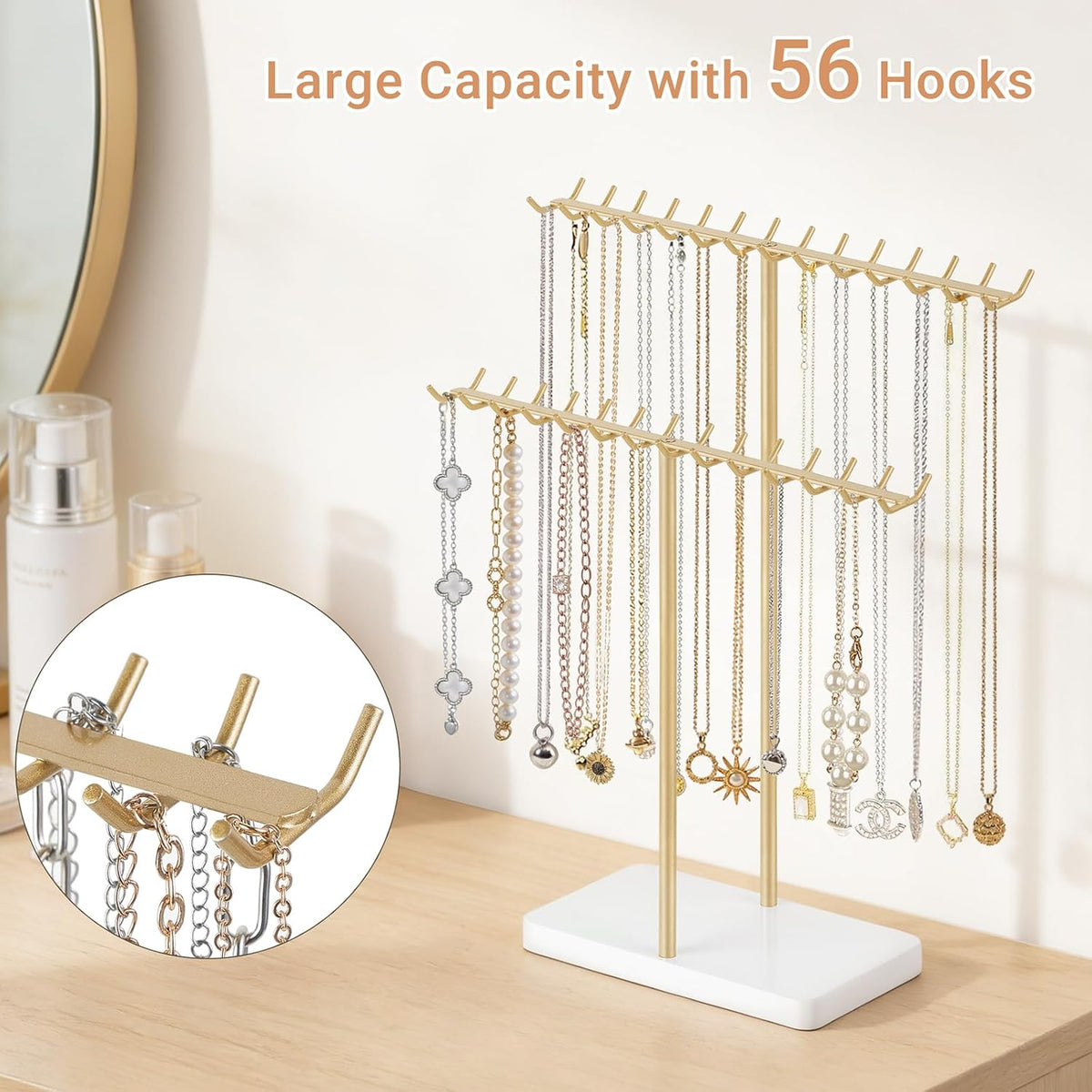 Mkono Necklace Holder Organizer, 2 Tier Gold Jewelry Display Stand Rack
