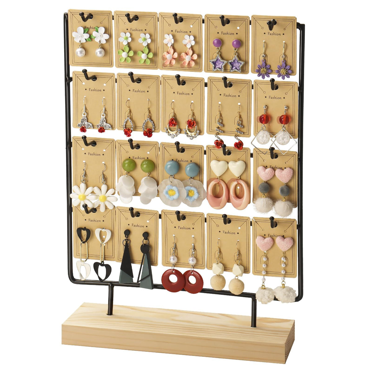 4 Tier and 20 Hooks Wood & Metal White Earrings Holder