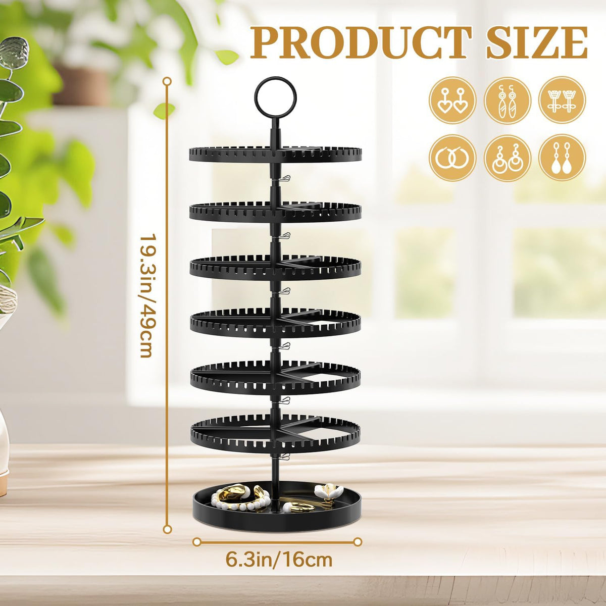 MODOWEY Rotating Earring Holder Organizer Tree Display Stand, 6 Tiers Black