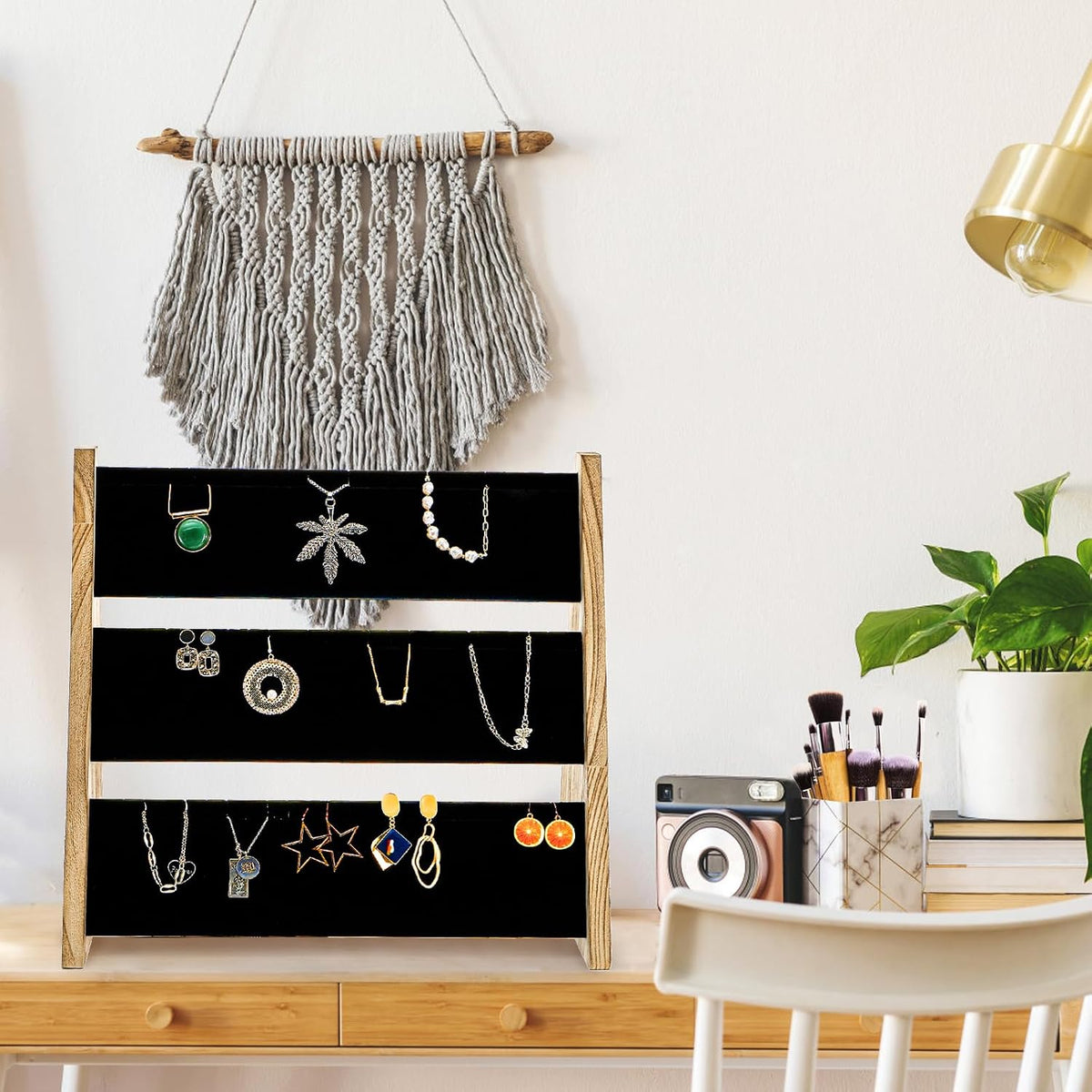 3 Tier Necklace Display Stand, Wood Jewelry Holder with Velvet