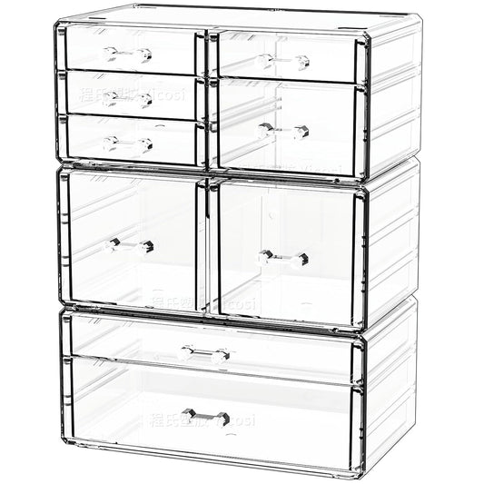 Cq acrylic Clear Stackable Storage Drawers,Plastic Makeup Organizer and Bathroom Storage Bins WIth 9 Drawers For Make up,Medicine,Craft,Pen,Beauty and Office Supply Organizer