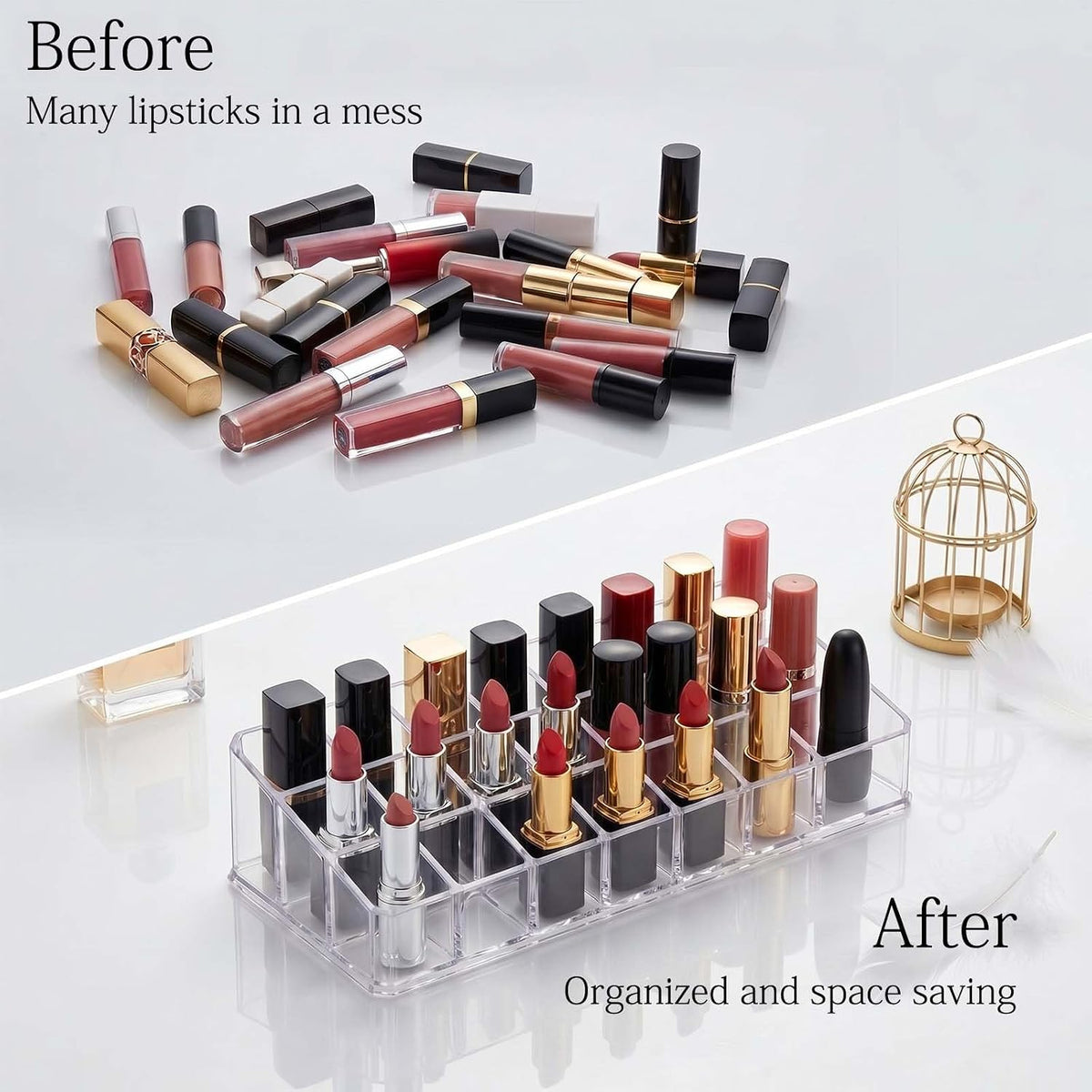 2-Pack 24-Slot Acrylic Makeup Organizer, Large Lipstick Organizer for Vanity, Lip Gloss Holder, Lip Balm Holder, Cosmetic Storage Display for Drawer, Clear