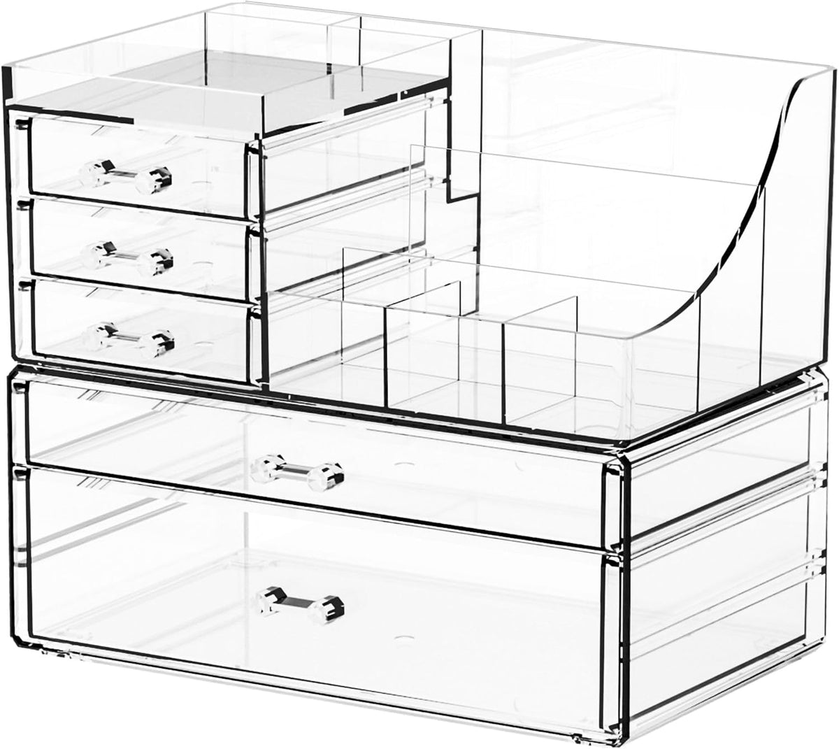Yieach 2 Pack Clear Makeup Organizer Countertop for Dresser,Vanity and Bathroom Counter Organizer,Tiered Stackable Makeup Acrylic Organizers with 5 Drawer for Skincare,Brush and Make up Holders