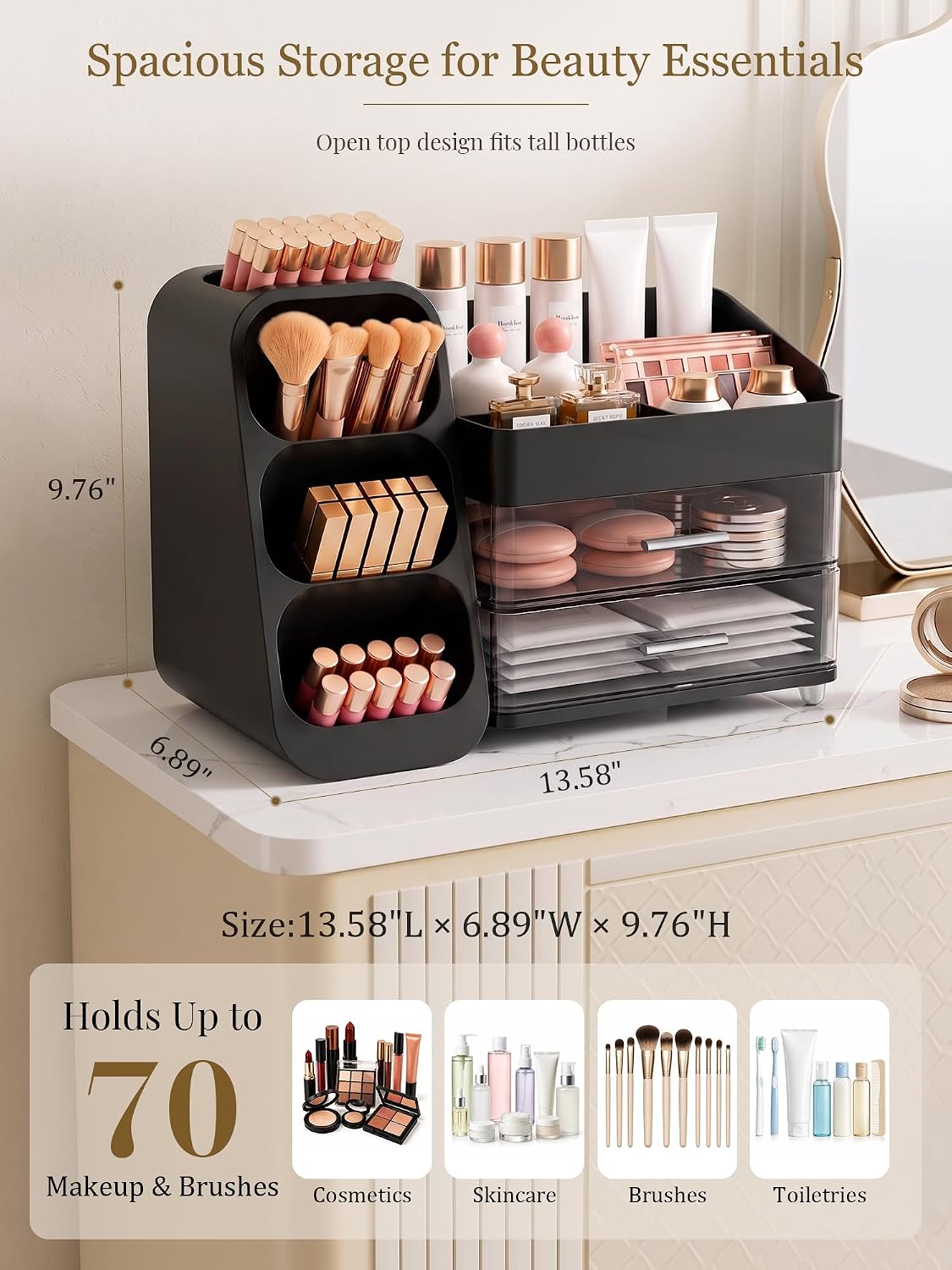 Booklov Large Makeup Organizer for Vanity Countertop, Black