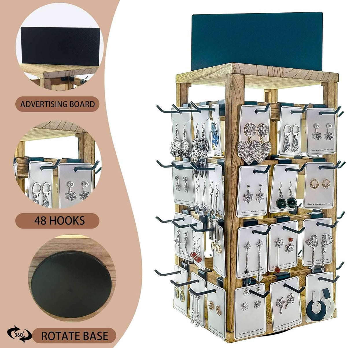 Rotating Jewelry Stand-48 Removable Hooks & Ad Board For Vendor(Brown)