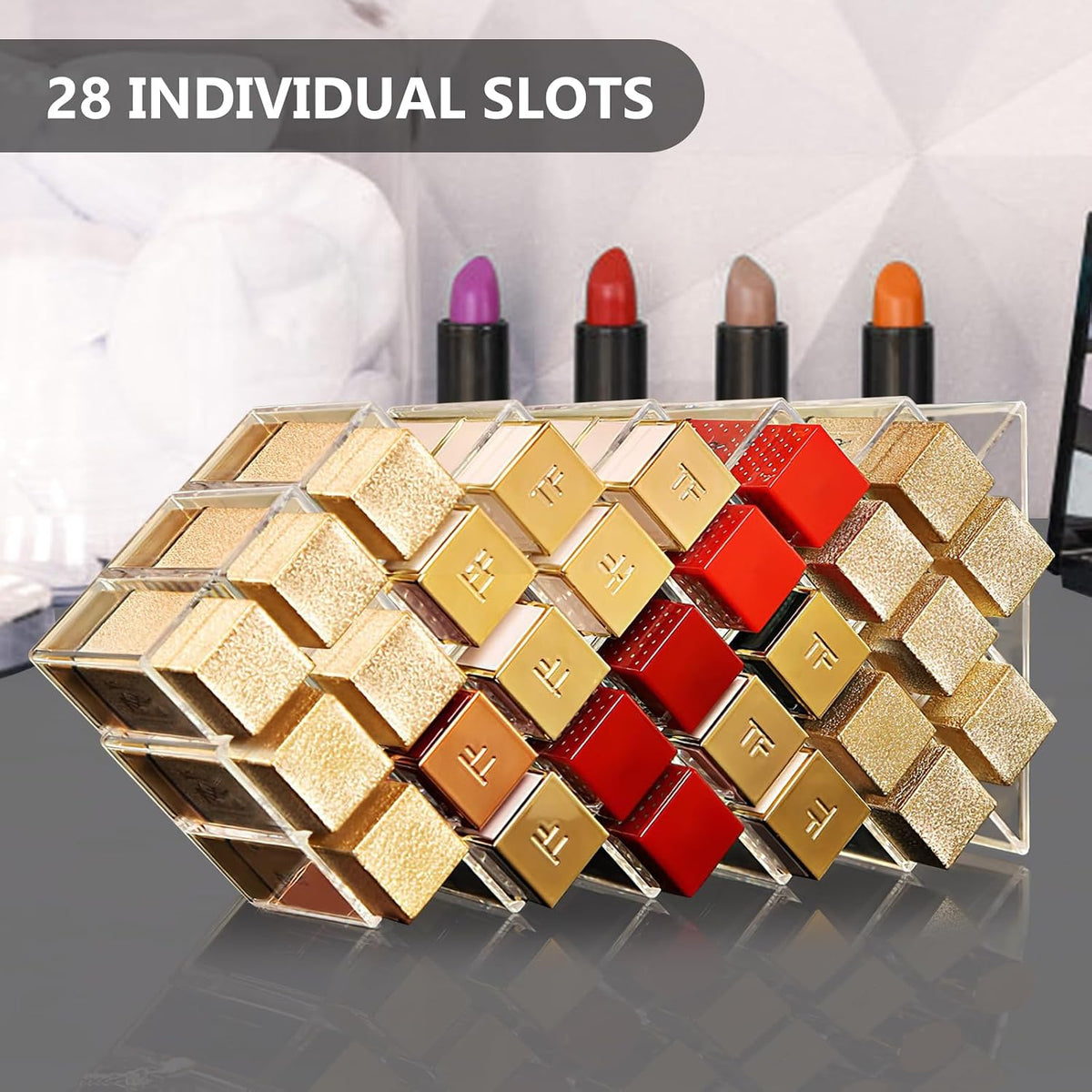 Lipstick Organizer, 28 Slots Acrylic Lip Holder, Stackable Lip Gloss Organizer, Fish Lipstick Tower Holder Storage for Cosmetic Bathroom Vanity Countertop Display (28 Slots)