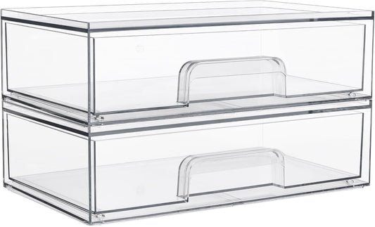 Vtopmart Clear Stackable Storage Drawers, 2 Pack Wide Plastic Organizers