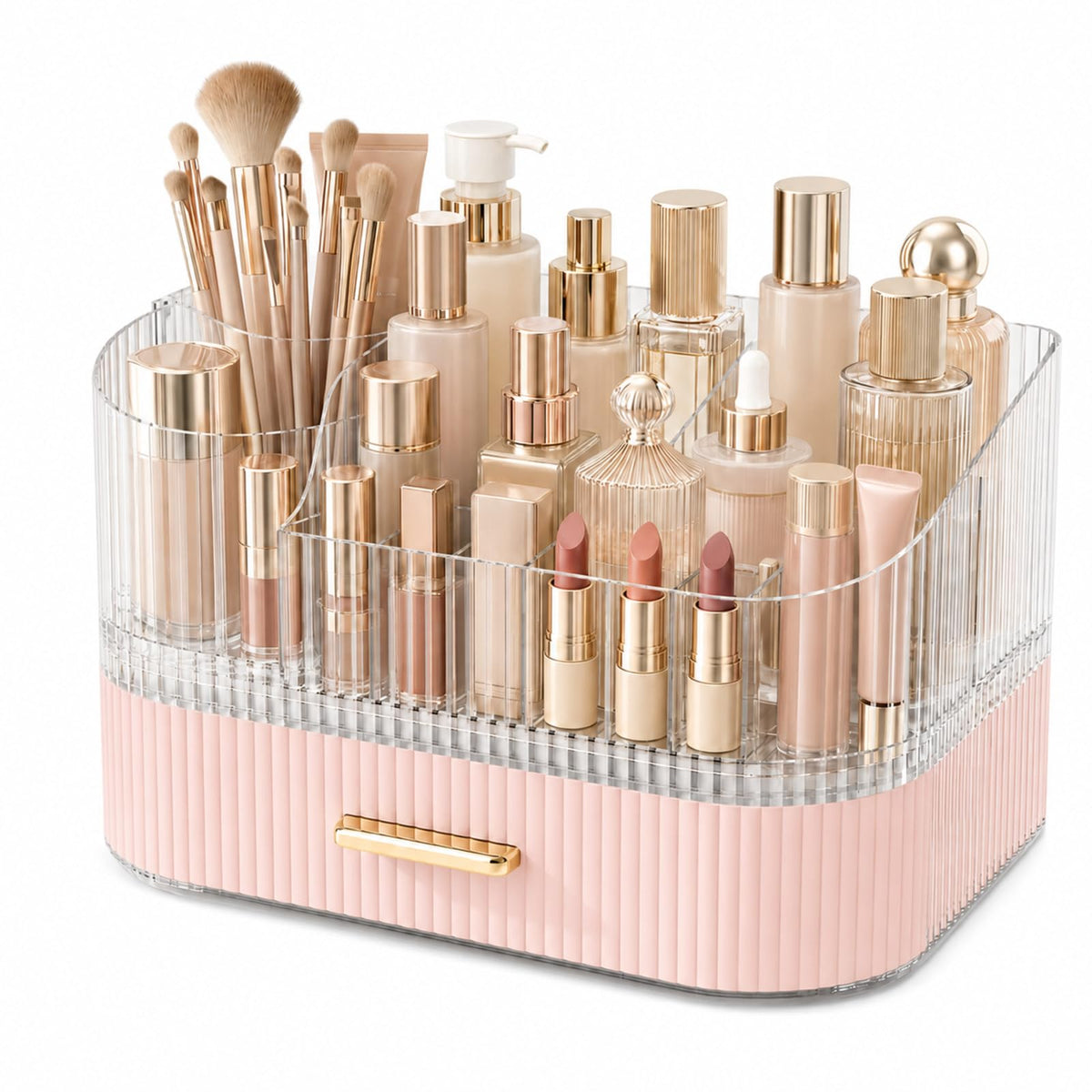 360° Rotating Makeup Organizer with Drawer, Clear Acrylic Cosmetic Storage Display, Stackable Beauty Counter (Clear, Large (Tray + 1 Drawer))