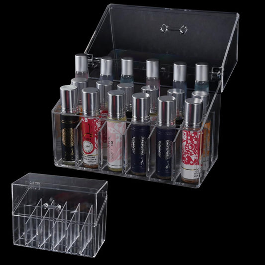 Acrylic Lipgloss Lip Gloss Holder Lip Balm Display & Rollerball Perfume Organizer for Compact Essential Oil Rollerball Perfume Holder, Makeup Brush 18 Slots Tubular Storage Display Cabinet With Cover