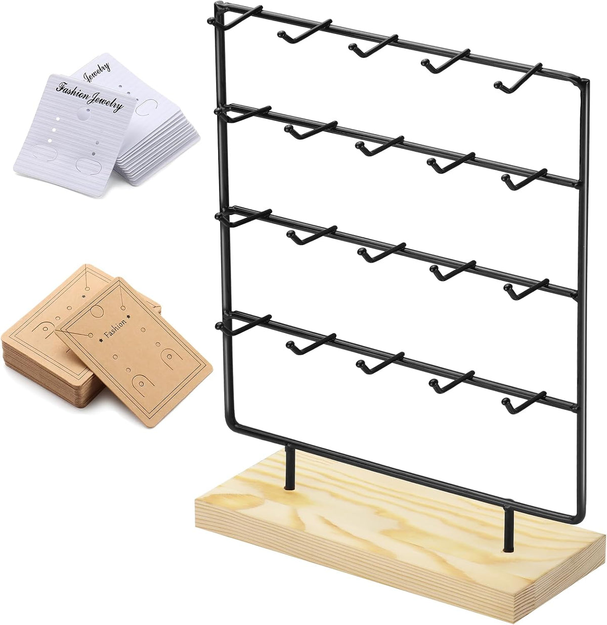 Earring Display Stands for Selling 4 Tier 20 Hooks Jewelry Display Wooden Base Earring Holder Organizer Display Stand for Earings Necklaces Rings Bracelets Keychains (Black)