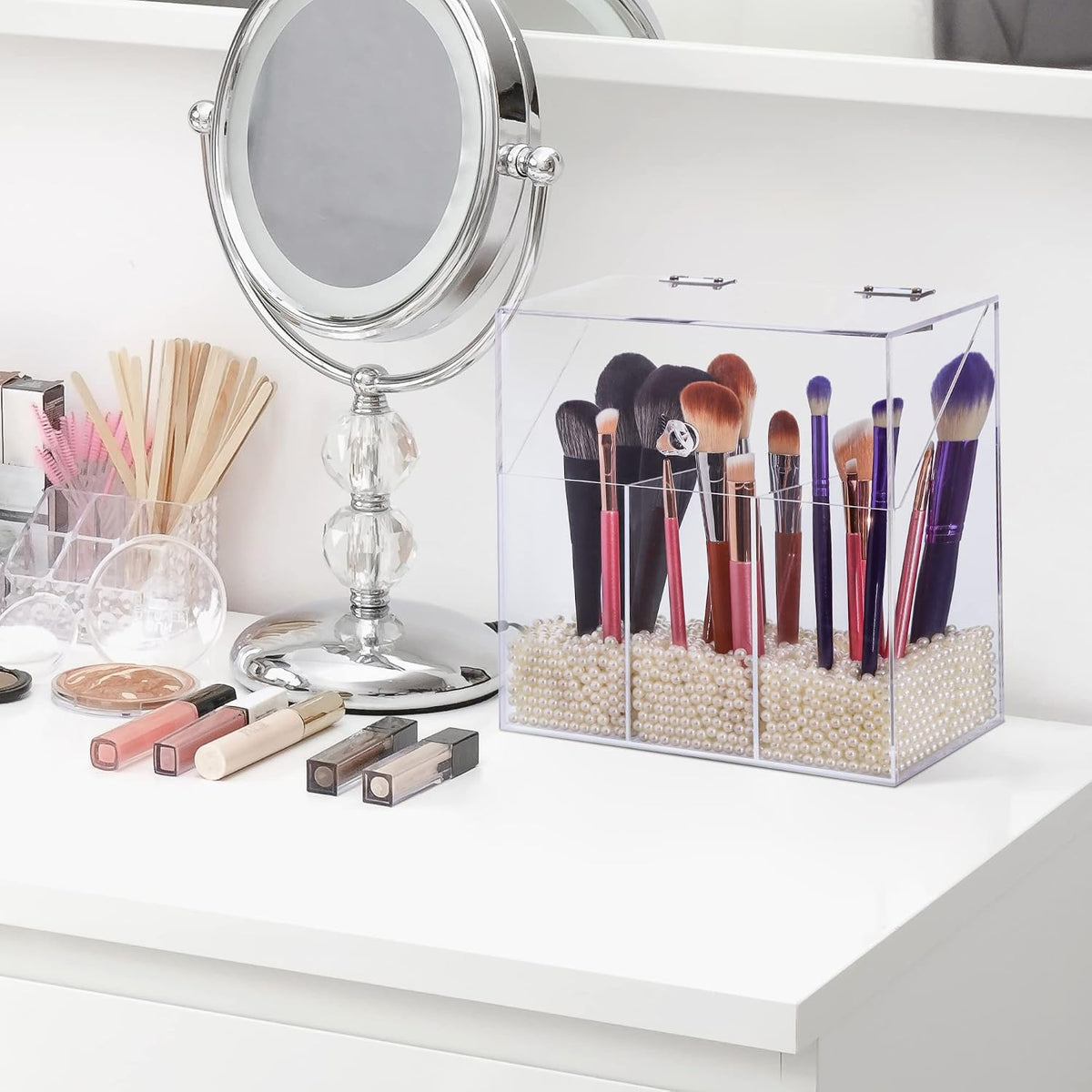 Acrylic Makeup Brush Holder with Lid - Clear Cosmetic Makeup Brush Organizer and Storage Box with Cover for Vanity - Large Capacity 3-Slots Container for Brushes (Clear)
