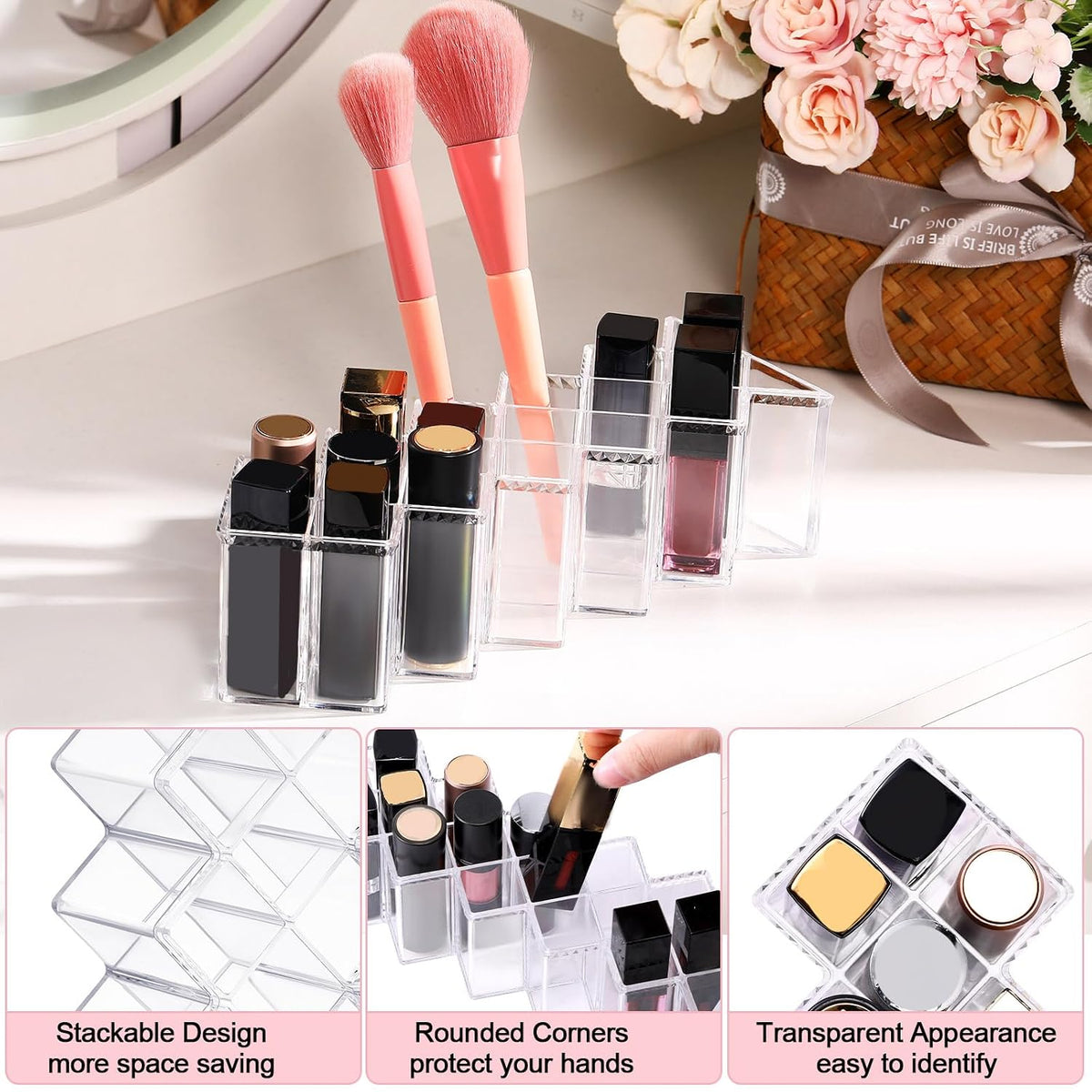 4 Pack Acrylic Lipstick Holder Organizer 64 Slots Clear Lip Gloss Holder Organizers Stackable Fish Shape Lipsticks Tower Lipstick Case Display Stand Storage Box for Makeup Cosmetic Vanity drawer