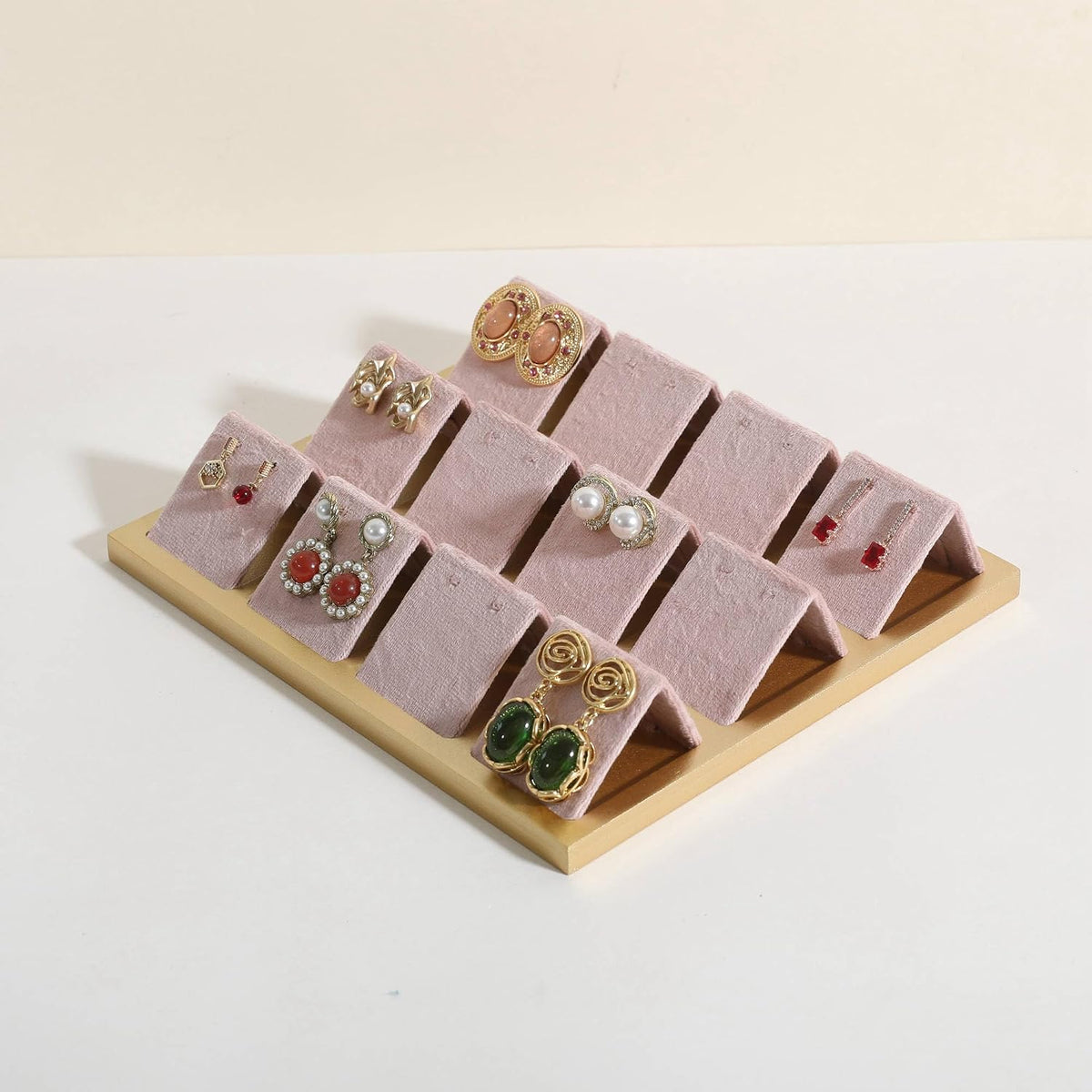 Golden coated earring display stand for selling, velvet stud earring holder for jewelry display, Jewlery earring storage organizer tray, studs holder jewelry organizer【Earring holder-Pink】