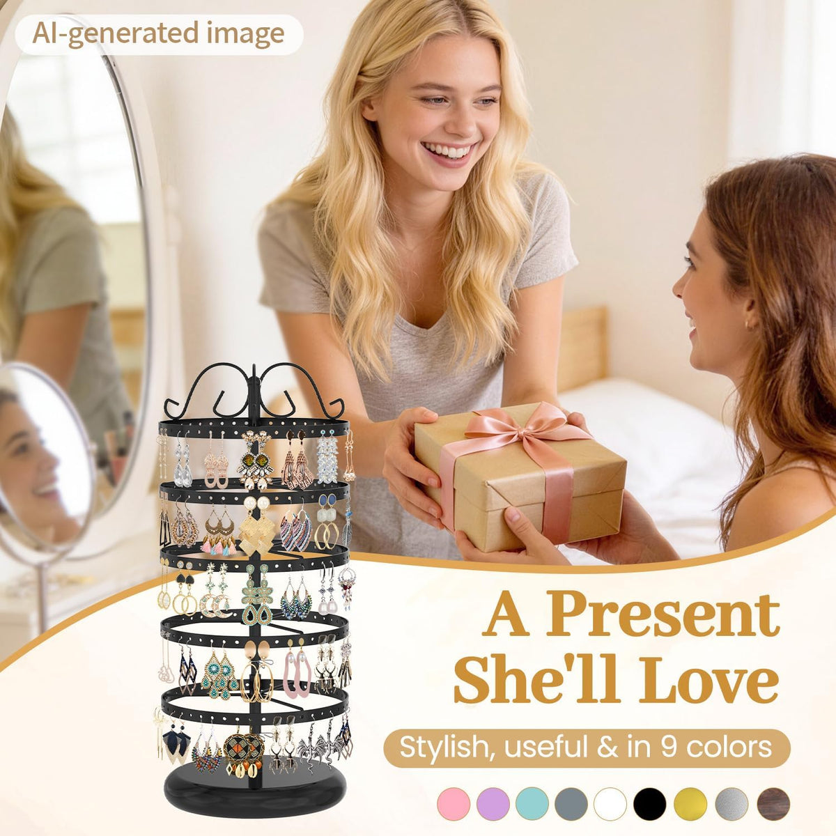MODOWEY Rotating Earring Holder Organizer Display, 5 Tier Metal Tree, Black