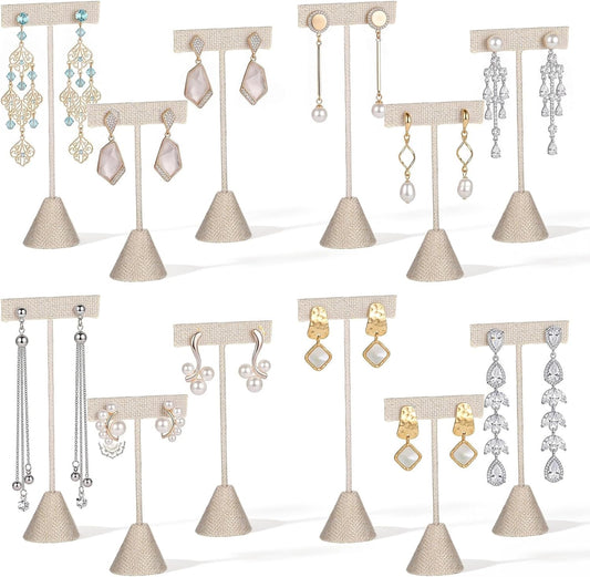 12Pcs Linen Earring T-Bar Stand Display Set, Metal Earring Holder with 3 different Heights, T Bar Earrings Display Stand with Stable Base and Linen Cloth, for Selling Show Countertop