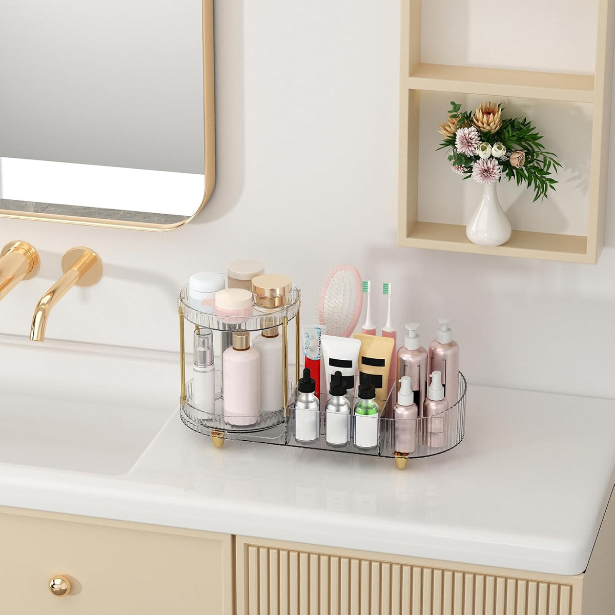 Makeup Organizer Countertop for Vanity, Rotating Perfume Tray with 5-compartment Cosmetic and Skincare Organizers, Multi-Purpose Desk Storage Makeup Brush Holder for Bathroom Bedroom Counter