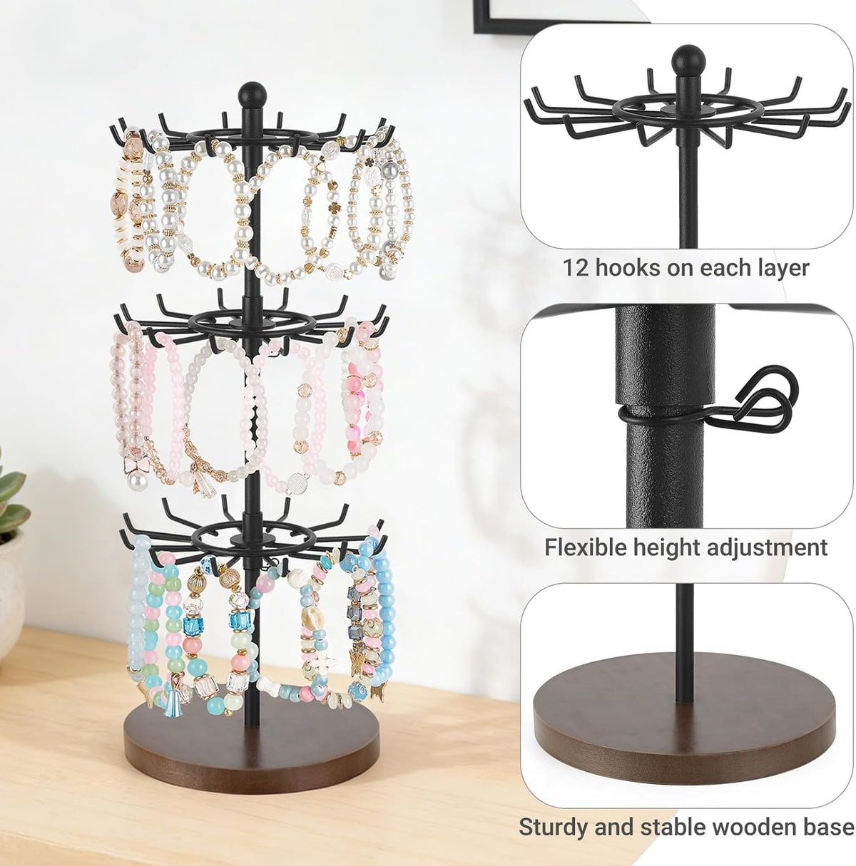 Mkono 3-Tier Bracelet Display Holder Brown Rotating Jewelry Organizer Stand