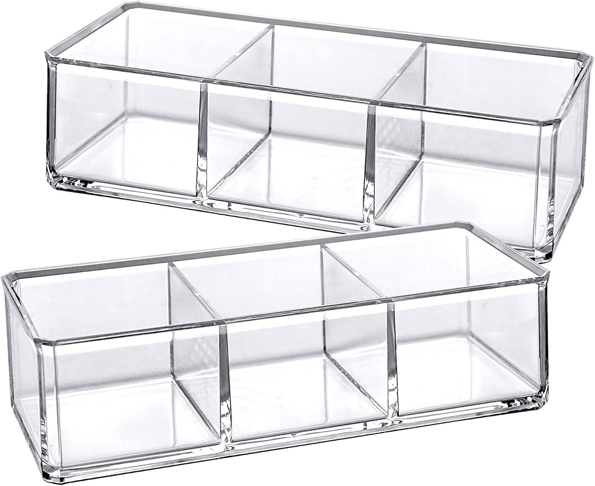 Amazing Abby - Glamour - 2-Pack Acrylic 3-Compartment Makeup Organizer, Transparent Plastic Lipstick Holder, Perfect Bathroom Vanity Storage Solution for Lipsticks, Nail Polishes, and More