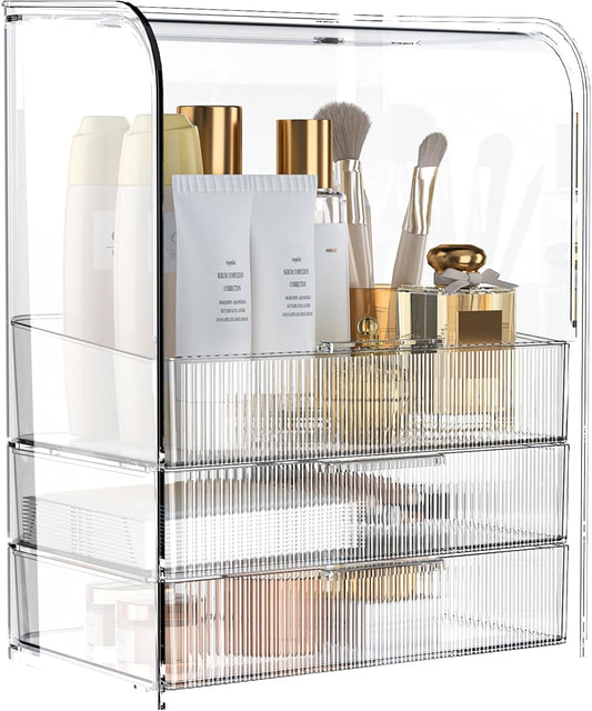 GearFusion 3 Tier Clear Cosmetic Organizer, Makeup Display Case with Lid & Drawers, Countertop Dresser Vanity Storage Box, Beauty Holder for Skincare Lipstick Brush