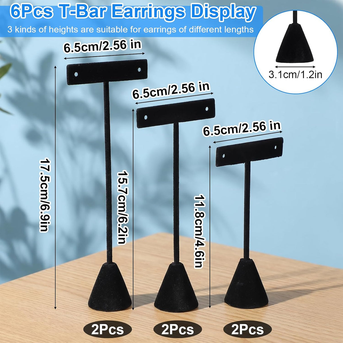 6 Pcs Earring Display for Vendors T Bar Earring Stand Display Set with 3 Heights Black Velvet Metal Earrings Holder for Jewelry Showcase Trade Show Home Storage