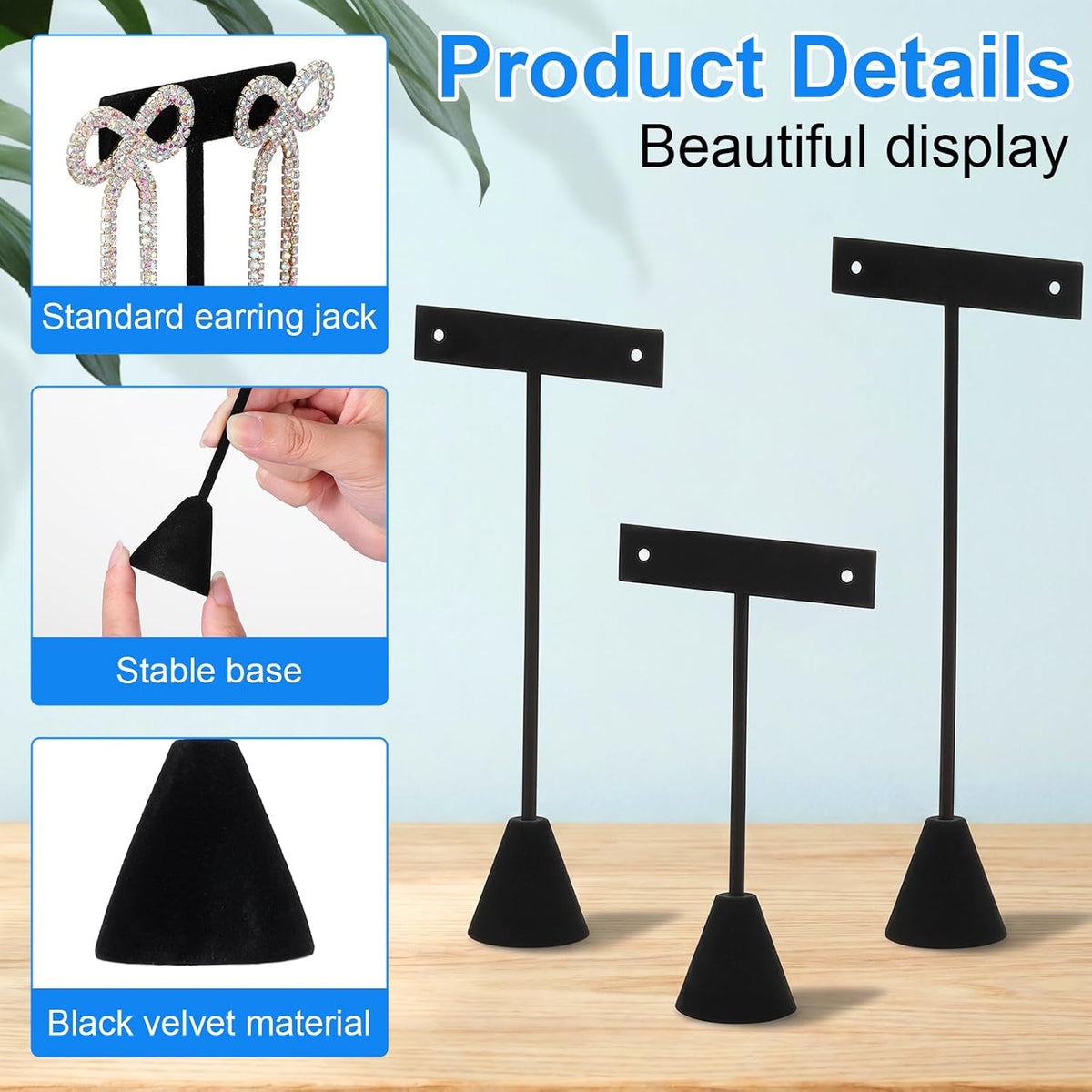 6 Pcs Earring Display for Vendors T Bar Earring Stand Display Set with 3 Heights Black Velvet Metal Earrings Holder for Jewelry Showcase Trade Show Home Storage
