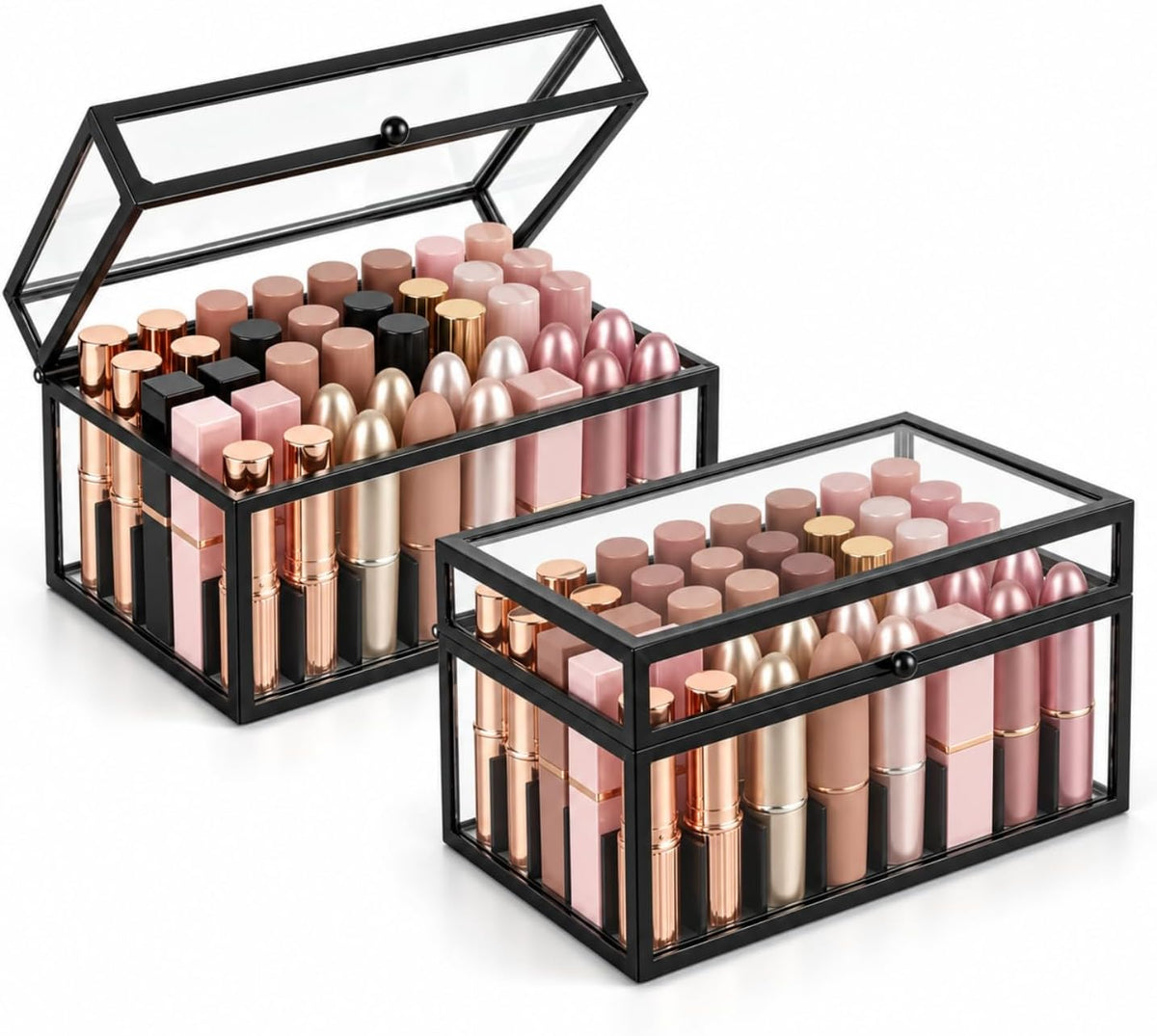 40 Lipsticks Organizer with Lid, Glass Display Box Fits Large Perfume & Skincare, Easy-Access Organiser for Vanity Countertop, Multifunctional Display Box in Any Rooms