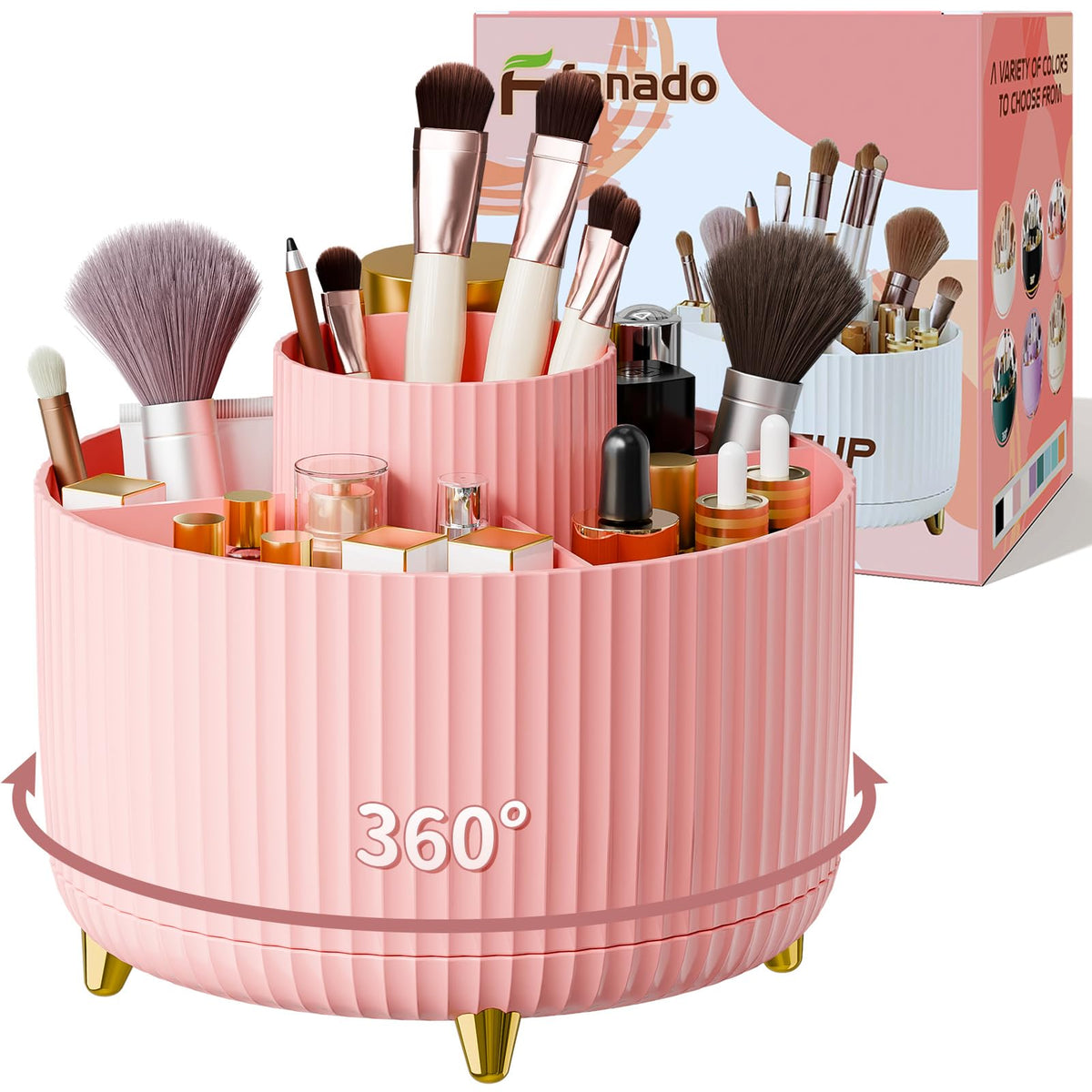 fanado 360° Rotate Makeup Brush Holder Organizer, Makeup Organizers Countertop, Makeup organization and Skincare Storage for Vanity, Desktop, Bathroom (Clear Amber)